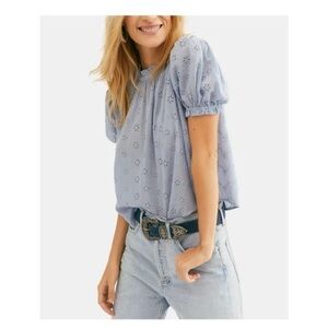 Free People Blue Eyelet Puff Sleeve Top